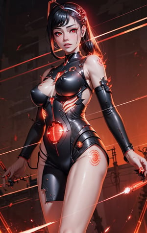 cyborg lady, Vietnam temple,dinhlang,cybernetic jaw, mechanical parts, metal skin, glowing red eyes, cables, wires, black hair, simple background,torn clothes,c3ln
