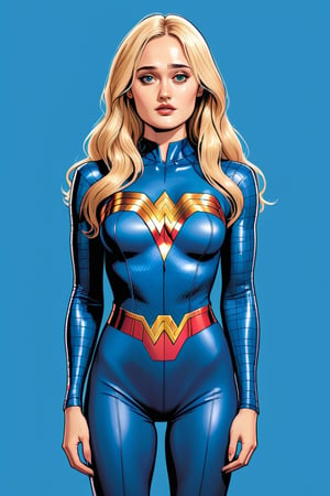 cyberpunk themed, ella purnel, full body, lust face, o mouth, slim body, wearing slim wonder woman jumpsuit, long blonde hair,(in the combined style of Mœbius and french comics), (minimal vector:1.1), simple background,ella_purnell