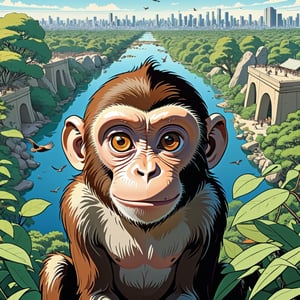 monkey in front of viewer, (background full of monkey) at zoo, ((Bird’s eye view)), (in the combined style of Mœbius and french comics), (minimal vector:1.1)