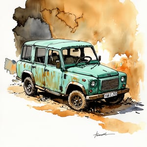 Fantasy realistic watercolor painting art of vehicle trapped at abandon wall, Obsolete, neglected, wrecks, faded, ugly 