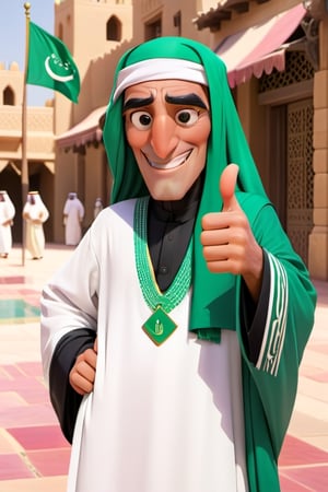 disney style, old man, disney pixar style, arab saudi  clothes, background arab saudi flag, the old man pose thumbs up