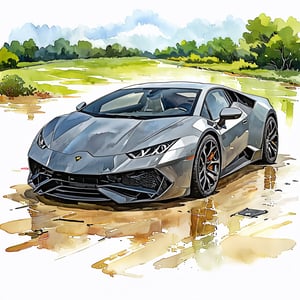 Fantasy realistic watercolor painting art of abandon lamborghini huracan evo For a thousand years, Obsolete cars, neglected cars, car wrecks 