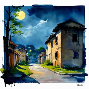 Fantasy realistic watercolor painting art of abandon district at night, quiet, quiet, eerie, dark environment