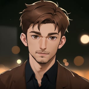 (looking at viewer), young adult man, dark completion, (light brown eyes), (short manly hairstyle), (light brown hair color), | centered, award winning face portrait, solo, man, | character concept, digital art, masterpiece, | bokeh, depth of field, |   ,putra