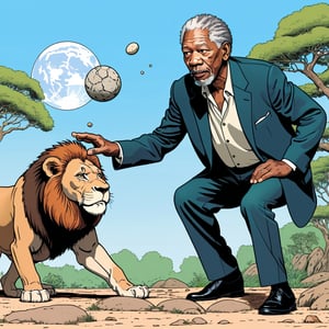 Morgan Freeman throwing a stone at the lion,  looking to zoo monkey section, (in the combined style of Mœbius and french comics), (minimal vector:1.1)