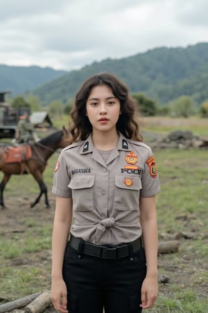 Asian yong woman with curly long hair stand in the foreground of battlefield, wearing (knotted shirt) polr1 police uniform. the uniform is adorned with The word "HANAKAWA" is embroidered on the left chest, and the word "POLRI" is embroidered on the right chest. Cowboy shot. 