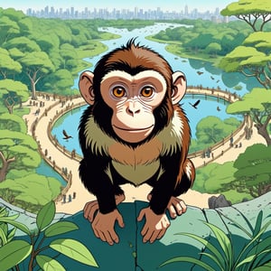monkey in front of viewer, background full of monkey at zoo, ((Bird’s eye view)), (in the combined style of Mœbius and french comics), (minimal vector:1.1)
