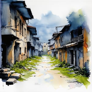 Fantasy realistic watercolor painting art of abandon district at night, quiet, quiet, eerie, dark environment