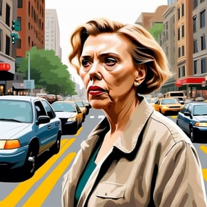 Illustrate a scene where the elderly woman with dementia stands amidst a bustling city intersection, looking bewildered. The contrasting expressions between her and the hurried city dwellers highlight her sense of disorientation and loss.,scarlett johansson