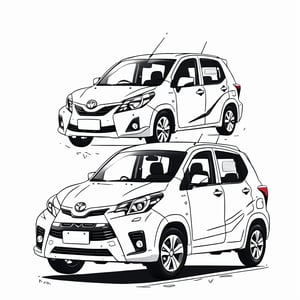 coloring book, bold line art.  White and black minimalistic draw coloring page for a toyota avanza. Defined lines. Clean Drawn. Vector, Coloring Page, Bold line art, Coloring Book, Outline

