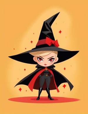 , solo, chibi, full body, looking at viewer, witch hat, cape, red eyes, yellow background,Flat Design,scarlett johansson