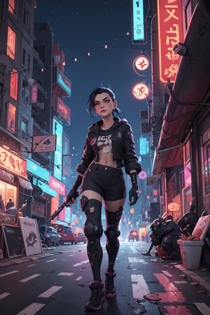 1girl,cyberpunk city,night ciry,realistic,science fiction,flat colors,,jinx \(league of legends\),beautiful,(cute:1.2),nindi