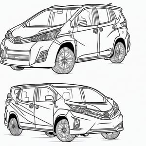 coloring book, bold line art.  White and black minimalistic draw coloring page for a toyota avanza. Defined lines. Clean Drawn. Vector, Coloring Page, Bold line art, Coloring Book, Outline