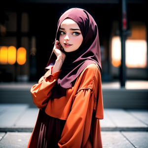 lady, 25 years old, hijab, modest, graceful, delicate face, perfect, royal, random color dress, random aesthetic outdoor background, loose clothes,exposure blend, cowboy shot, bokeh, (hdr:1.4), high contrast, (cinematic, teal and orange:0.85), (muted colors, dim colors, soothing tones:1.3), low saturation, dramatic pose, upper body, mature face,gamis, smile, aesthetic,perfecteyes, looking at viewer,(( dakota johnson))