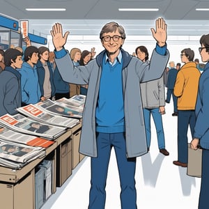illustration of young Bill Gates wearing casual clothes with grey long coat, blue t shirt, ((both hands up show  sign refuse)), standing at newspaper vendor in new york airport in 1975, full body, (looked from medium), art by Atey Ghailan, masterpiece, perfect anatomy,(cute comic)