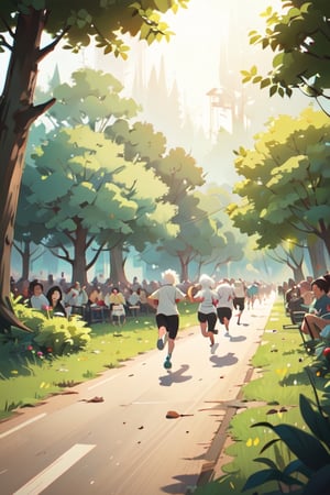 (illustration of crowd old people run to house), background at the forest, looked from afar, art by Atey Ghailan,masterpiece