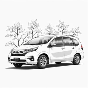 coloring book, bold line art. White and black minimalistic draw coloring page for a toyota avanza. Defined lines. Clean Drawn. Vector, Coloring Page, Bold line art, Coloring Book, Outline, Coloring, Coloring Sheet, Coloring Book, Coloring Page, Black and white, illustration, Draw, drwbk coloring book drawing