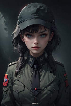 A young woman in a military uniform stands solo, looking directly at the viewer with an intense gaze. Her bangs frame her face, and her shirt is covered by a jacket with long sleeves. Her eyes glow red as she wears black gloves and a necktie, adding to the mysterious atmosphere. White and grey hair peeks out from under her hat, which matches the color of her military uniform. The framing of the shot focuses on her upper body, drawing attention to her closed mouth and piercing gaze.