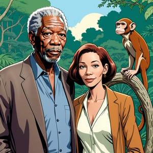 Morgan Freeman with his one wife, background monkey inside zoo, (in the combined style of Mœbius and french comics), (minimal vector:1.1)