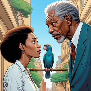 Morgan Freeman with his one negro wife, facing each other, discussing, looking to zoo monkey section, ((Bird’s eye view)), (in the combined style of Mœbius and french comics), (minimal vector:1.1)