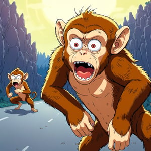 little monkey run away , scared face, blur background  (in the combined style of Mœbius and french comics), (minimal vector:1.1), PEOPShockedFace, shocked face, eyes popping out, mouth open