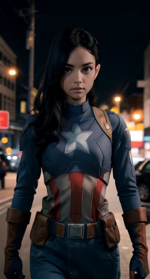 centered, upper body, masterpiece, | female captain america, standing, looking at viewer, | city, urban, street, city lights, | night, bokeh, depth of field,dinda