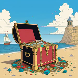 An illustration of a Alexander the Greatd found treasure chest, (in the combined style of Mœbius and french comics), (minimal vector:1.1)