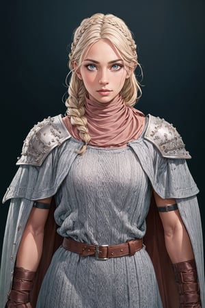 1 girl, adult russian woman, platinum blonde dutch braid, portrait, solo, upper body, looking at viewer, detailed background, detailed face, protector, keeping watch, chainmail armor, leather gauntlets, heraldry,medieval atmosphere, cape, emblem,yumna