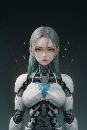 shodanSS_soul3142, 1girl, solo, green eyes, glowing eyes, robot joints, long hair, looking at viewer, glowing, green hair, grey skin, android, colored skin,nindi,sagging breasts