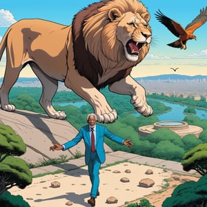 Morgan Freeman throwing a stone at the female lion,  looking to zoo monkey section, ((Bird’s eye view)), (in the combined style of Mœbius and french comics), (minimal vector:1.1)