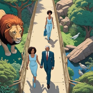 Morgan Freeman with his one negro wife, entering zoo lion section, ((Bird’s eye view)), (in the combined style of Mœbius and french comics), (minimal vector:1.1)