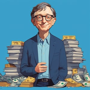 illustration of Bill Gate before rich and famous, background related, (looked from medium), art by Atey Ghailan, masterpiece, perfect anatomy,(cute comic)