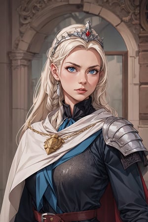 1 girl, adult russian woman, platinum blonde dutch braid, portrait, solo, upper body, looking at viewer, detailed background, detailed face, protector, keeping watch, chainmail armor, leather gauntlets, heraldry,medieval atmosphere, cape, emblem,dinda,tiara
