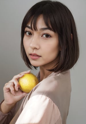 realistic,1girl,solo,short hair,realistic,food,fruit,lips,looking at viewer,black hair,holding,black eyes,upper body,bob cut,lemon,brown hair,brown eyes,grey background,holding fruit, (perfect face: 1.3), (face details: 1.3), beautiful glistening eyes, (tasty breasts: 1.3), sweeping circling composition, masterpiece, nsfw, 8k,tiara