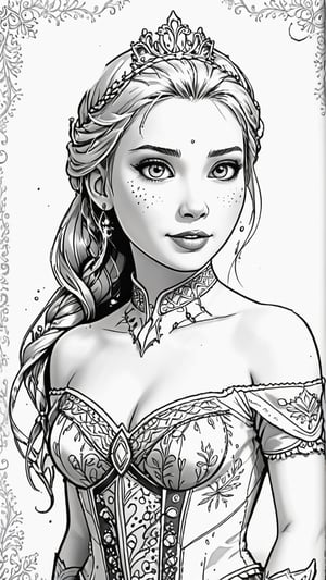 frozen princess elsa themes coloring book,black and white, for kids, best quality, ultra detailed, photorealistic, high quality, high resolution, super detailed, drwbk coloring book drawing