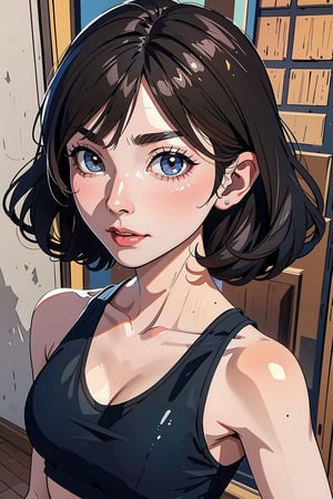 ((Best quality, 8k, Masterpiece :1.3)), 1girl, Pretty woman with emphasizing slender abs :1.3, (random hairstyles :1.2), Oversized tank top :1.2, transparant tank top, navel, Ultra-detailed face, Detailed eyes, Double eyelid, armpit,ai_uehara
