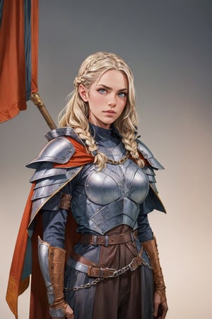 1 girl, adult russian woman, platinum blonde dutch braid, portrait, solo, upper body, looking at viewer, detailed background, detailed face, protector, keeping watch, chainmail armor, leather gauntlets, heraldry,medieval atmosphere, cape, emblem,dinda