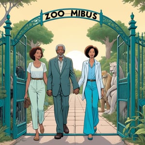 Morgan Freeman with his wife, holding hands, entering zoo,  gate with text "ZOO", (in the combined style of Mœbius and french comics), (minimal vector:1.1)