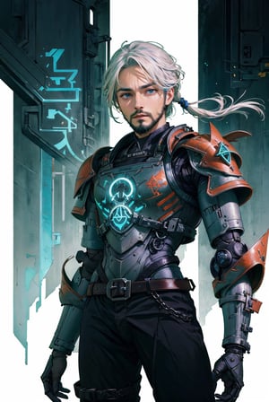masterpiece, (((1boy))), realistic,(((putra))), 8k, perfect anatomy, perfect eyes, perfect hand, perfect finger, detailed face, (( medium full shot)),male, glowing, blue eyes, shoulder armor, full armor, looking at viewer, ((white hair, long hair,front hair covers right eye, full beard, hair tied, masculine, manly)), pauldrons, dynamic background, power armor, (((solo))), swordsman, with buckle and tape,perfecteyes, mecha musume, ,cyberpunk robot,mecha,Science Fiction, GlowingRunes_, GlowingRunes_green, Shinsengumi Haori,BG0,robot,samurai,putra,