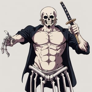 An illustration of Alexander the Great as skeleton, swinging a sword, look to viewer, simple background, (One piece style)