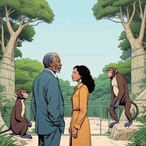 Morgan Freeman with his one wife, background monkey inside zoo, facing away from the viewer (in the combined style of Mœbius and french comics), (minimal vector:1.1)