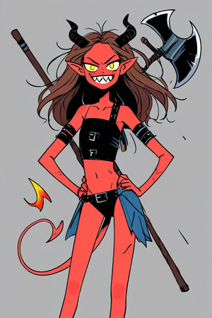 1girl, solo, grin, horns, smile, teeth, collarbone, armor, axe, bare shoulders, broken horn, brown hair, colored skin, demon girl, demon horns, demon tail, fire, flat chest, hand on own hip, holding, holding axe, holding weapon, long hair, looking at viewer, pointy ears, red hair, red skin, sharp teeth, single bare shoulder, tail, tiefling, upper body, weapon, yellow eyes