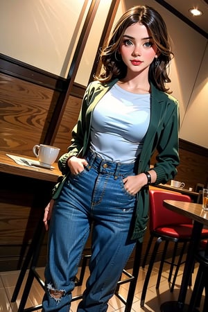 masterpiece,  ultra high res,  absurdres, photorealistic,
A 22-year-old woman , 
Pair denim pants with a T-shirt and wear a cardigan bolero,
looking at viewer,
at the cafe,
dutch angle, ,gheayoubi