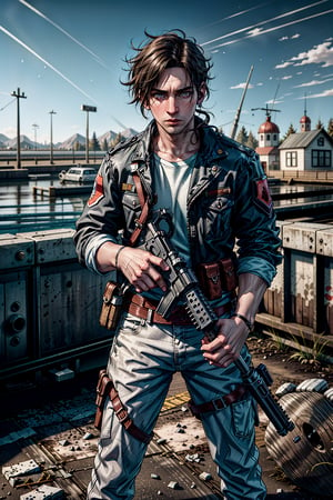 best quality,masterpiece,illustration,super detailed,High detail RAW photo,professional photograph,ultra-detailed,CG,unity,8k wallpaper,extremely detailed CG,extremely detailed,extremely detailed,Amazing,finely detail,official art,High quality texture,highres,
brown hair, intricate, masculine,handsome, highly detailed,digital , PUBG game,photography, Pubg male charector, 1boy, with M416 glacier AMR, full size image, in battlefield , holding gun,  6x scope , war,(full body)fighting_stance,dynamic pose,standing,Detailedface,  ruined city background,m3ss1