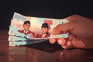 illustration of two hands hold money, red money,background at the top of table, art by Atey Ghailan,masterpiece, perfect anatomy,