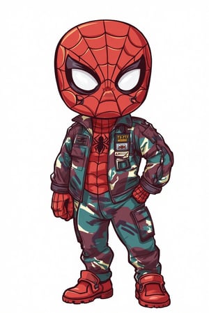 A cartoon vector  of a spiderman wearing TNI uniform patterns at his costume. White background. 