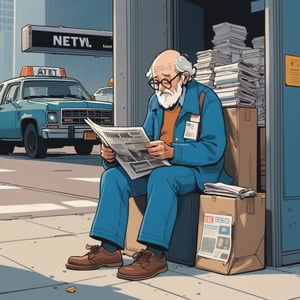 illustration of newspaper deliveryman, old man, sit at corner of new york airport in 1975, full body, (looked from medium), art by Atey Ghailan, masterpiece, perfect anatomy,(cute comic)