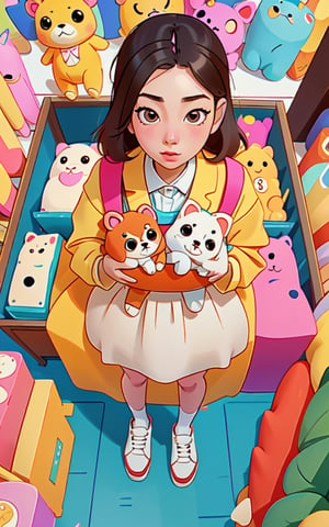 masterpiece, solo, best quality, high detailed, colorful, from above, solo, realistic, girl standing in a store with lots of stuffed animals on the shelves and a bag of stuff, hazel eyes, fisheye lens
,perfect,c3ln