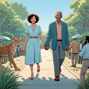 A happy couple entering a zoo, the man is Morgan Freeman, holding hands, seen from drone, (in the combined style of Mœbius and french comics), (minimal vector:1.1), simple background,