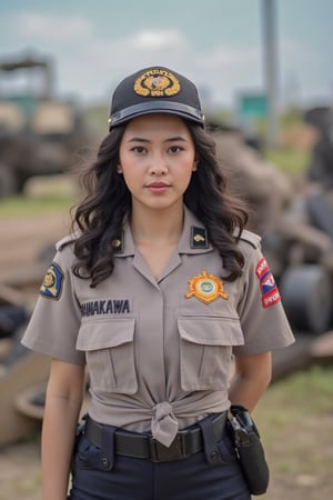 Asian yong woman with curly long hair stand in the foreground of battlefield, wearing (knotted shirt) polr1 police uniform. the uniform is adorned with The word "HANAKAWA" is embroidered on the left chest, and the word "POLRI" is embroidered on the right chest. Cowboy shot. 